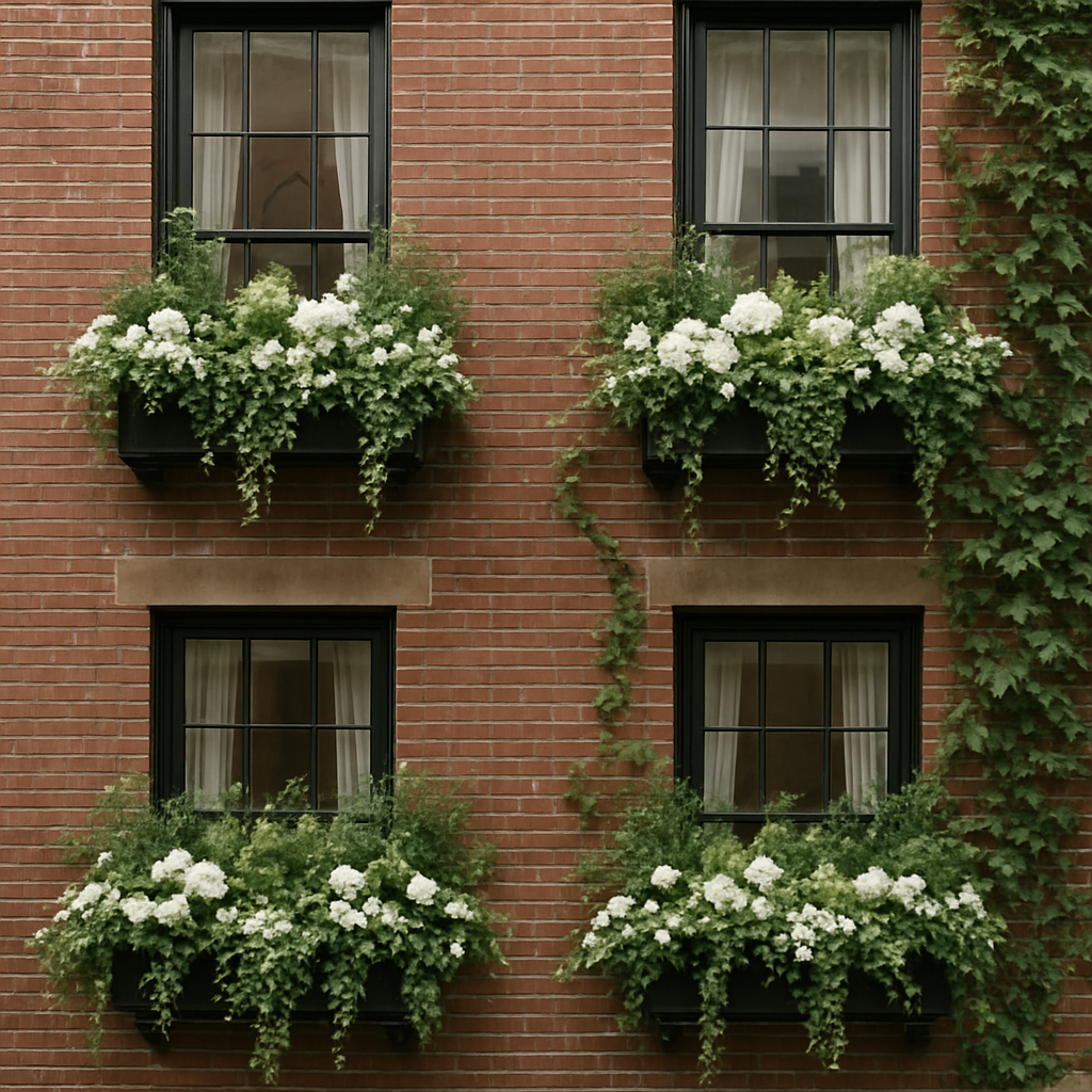 Townhouse facade with styled window boxes