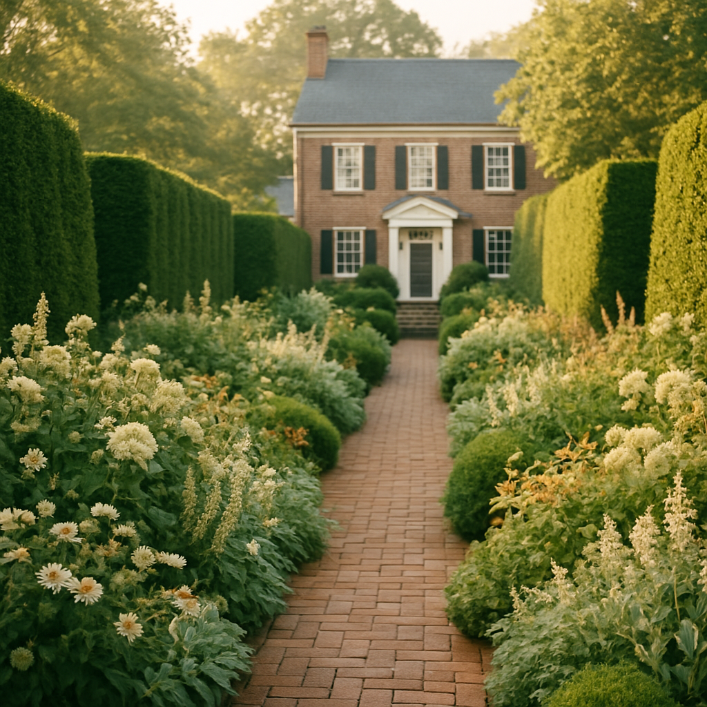 A lush, cultivated private garden in golden morning light